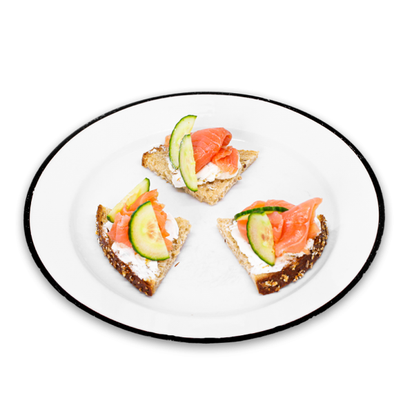 Smoked Salmon Tartines with cucumber on a white plate